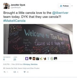 Picture of a twitter post from Jennifer Dyck: "Brought a little canola love to the @tiberriver team today. DYK that they use canola?!"