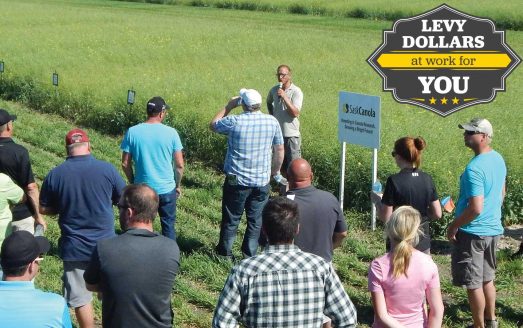 Researcher Chris Holzapfel presents his findings to a captive audience of farmers at the IHARF Field Day.