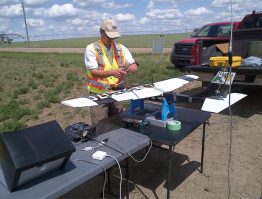 Photographs from this unmanned aerial vehicle (UAV) are being tested for their value in field scouting for weeds and disease. Chris Neeser with AARD leads the project, with JZAerial of Calgary providing the technology.