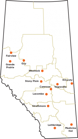 A map of Alberta with each of the Powering Your Profits Tour locations marked