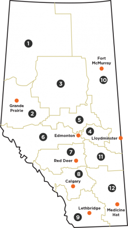 A map of Alberta, showing various numbered regions