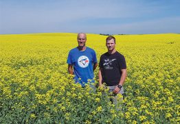 Dane Lindholm (right) manages Lindholm Seed Farm with his father, Craig, in New Norway, Alberta. They use a four-year rotation to help protect genetic traits, such as clubroot resistance, that are important to their farm business. 