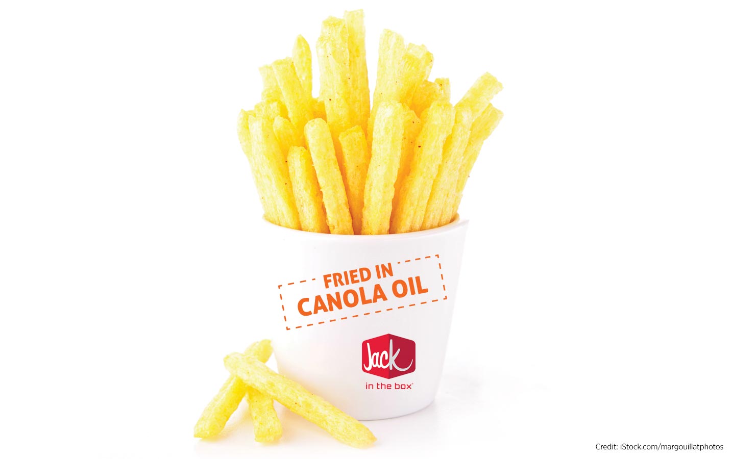 A container of Jack in the Box fries, with the label "Fried in Canola Oil"