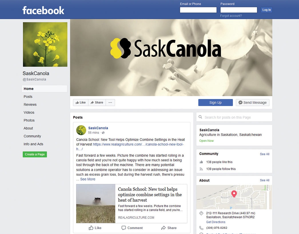 Screen shot of SaskCanola Facebook page