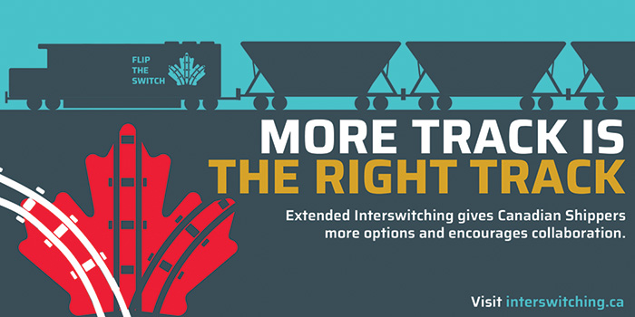 A callout to interswitching.ca. The headline reads: More track is the right track. The subline reads: Extended Interswitching gives Canadian Shippers more options and encourages collaboration.