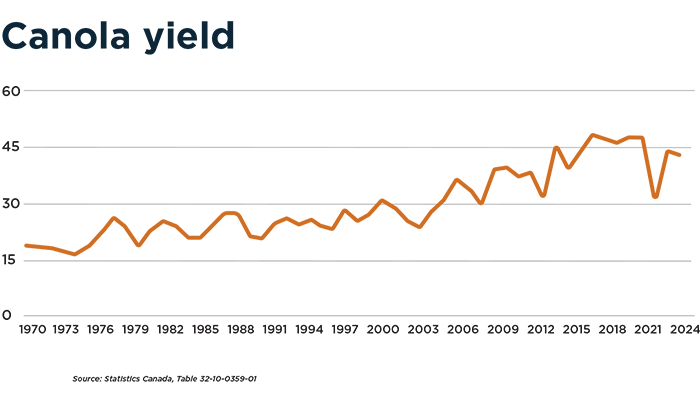 A line graph showing that canola yield over time generally trends upwards, but as of 2016 it's mostly stayed the same or dipped below previous marks.