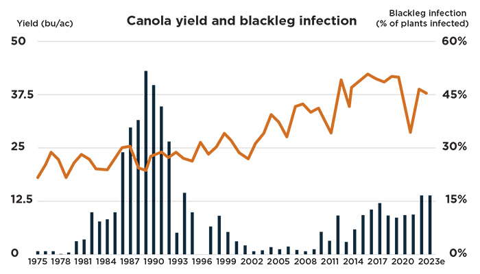 Please read the article for more in-depth information about this canola yield and blackleg infection graph.