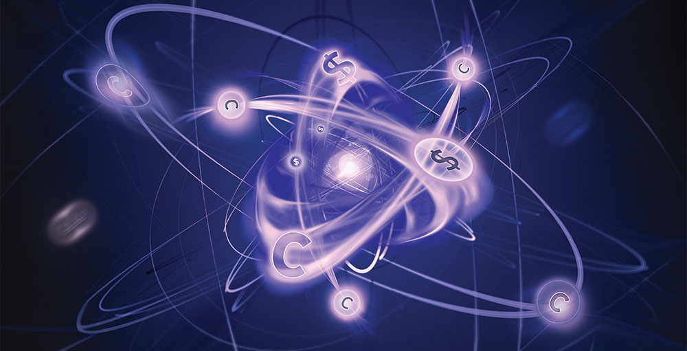 A swirling bore atom model that shows dollar signs and C symbols on it.