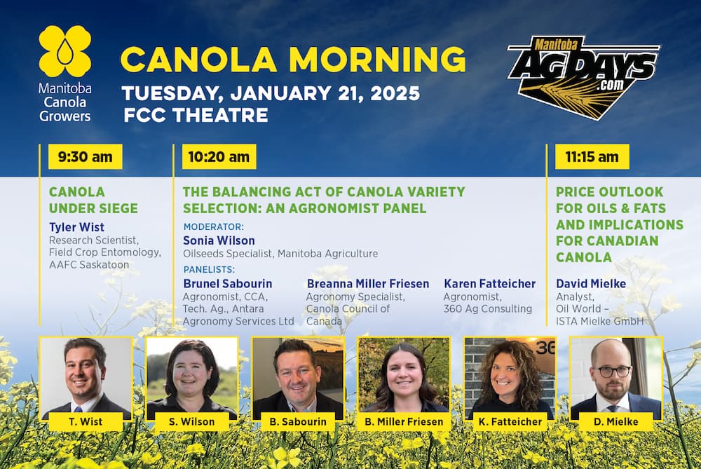 An ad for Canola Morning at Manitoba Ag Days. For an accessible verison of this ad, please reach out to Jay Whetter.