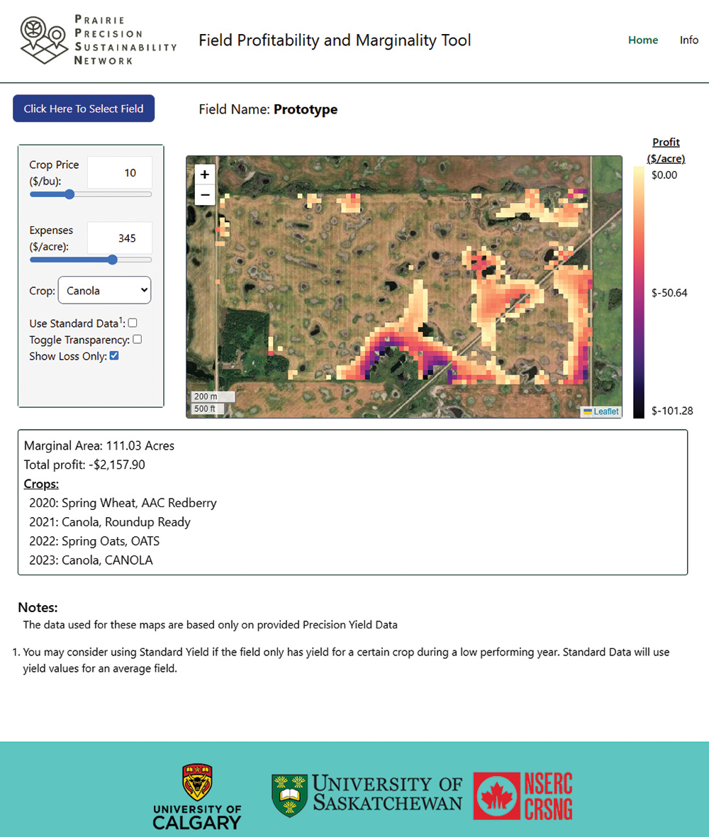 A screenshot of Prarie Precision Sustainability Network tool, which shows a field profitability and marginality tool.