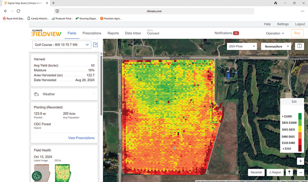 A screenshot of Climate Fieldview, which shows a field with bright highlighted colours on it, showing a map of yield overlaid on the field itself.