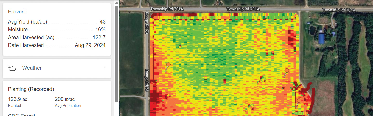 A close up screenshot of a field with bright highlighted colours on it, showing a map of yield overlaid on the field itself.